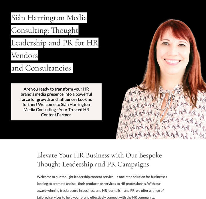 Screenshot of Landing Page for Sian Harrington Media Consulting